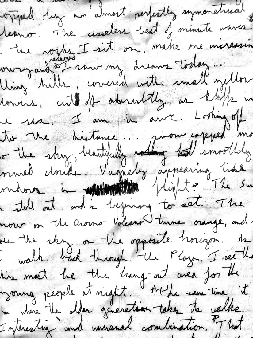 After: Handwritten page with hard diagonal shadows falling across it