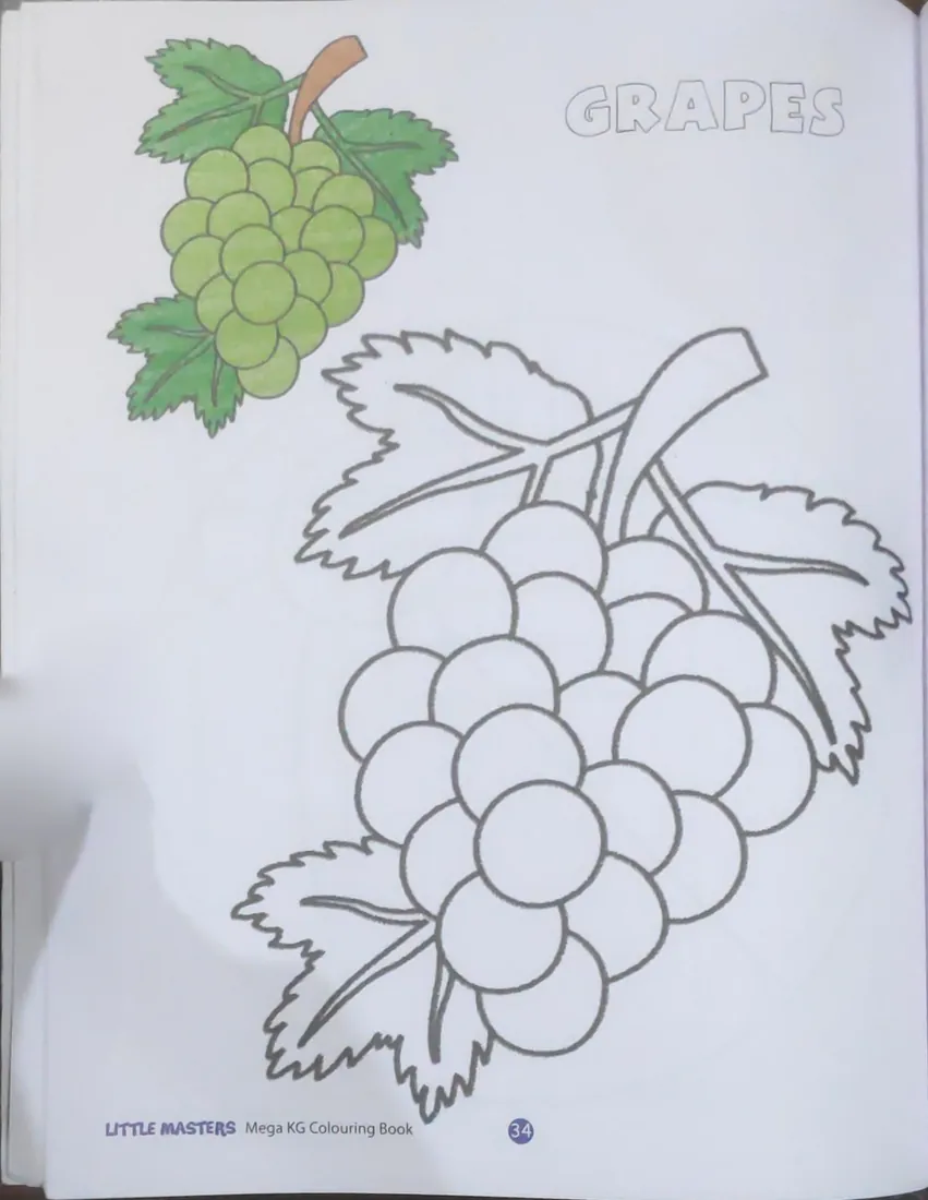 After: Colouring page of grapes with a thumb holding the left edge of the page